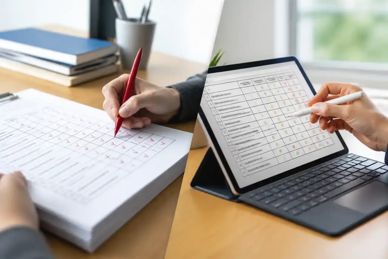 Enseignant utilisant une tablette au milieu de grilles d'évaluation et de graphiques de progression