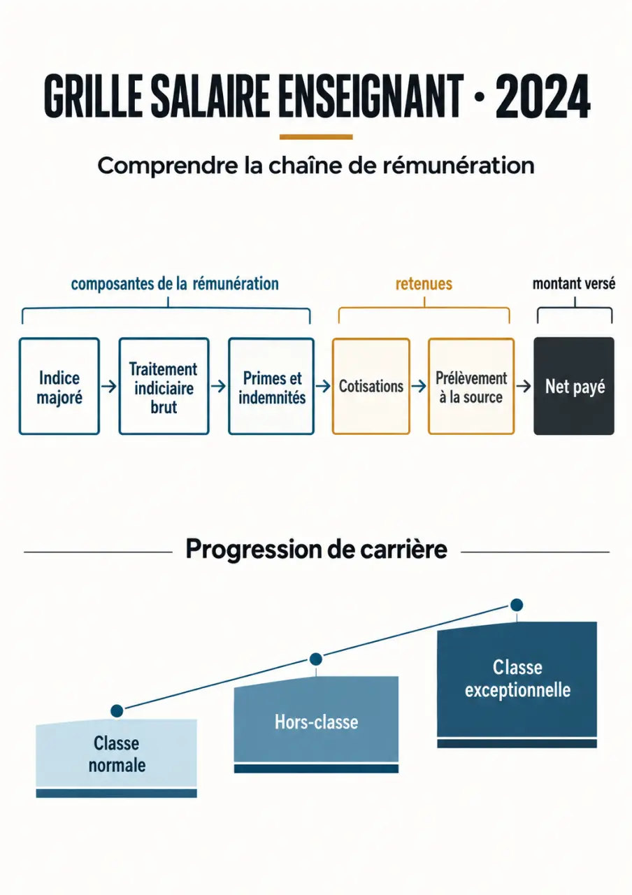 Infographie de la grille salaire enseignant 2024 et de la différence entre traitement brut, primes et salaire net