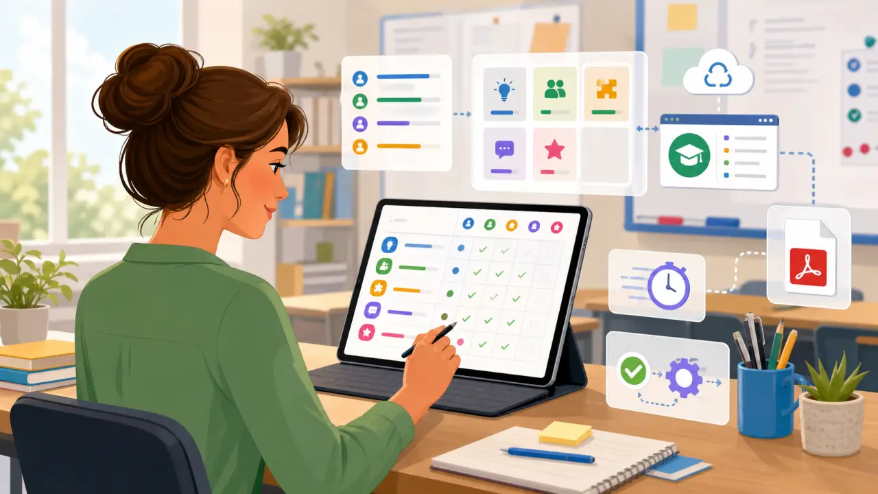 Illustration d'un enseignant utilisant une grille d'évaluation par compétences sur tablette