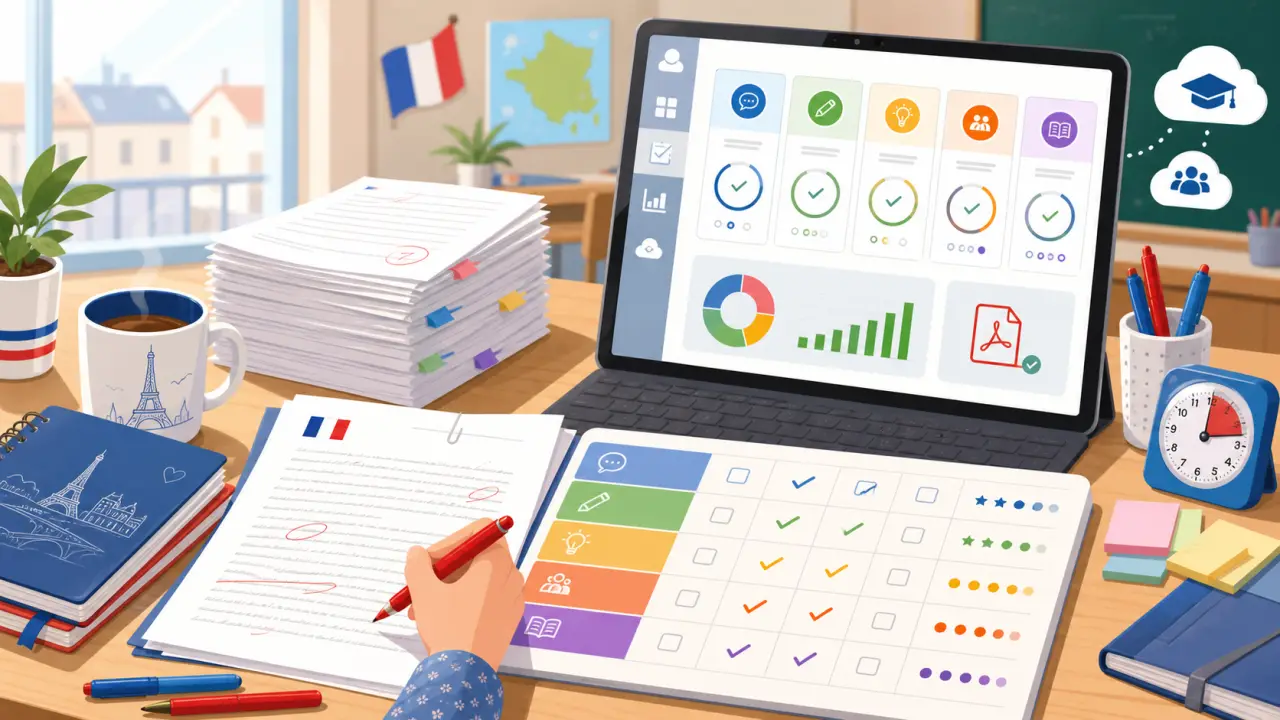 Enseignant corrigeant une copie de français avec une grille d'évaluation