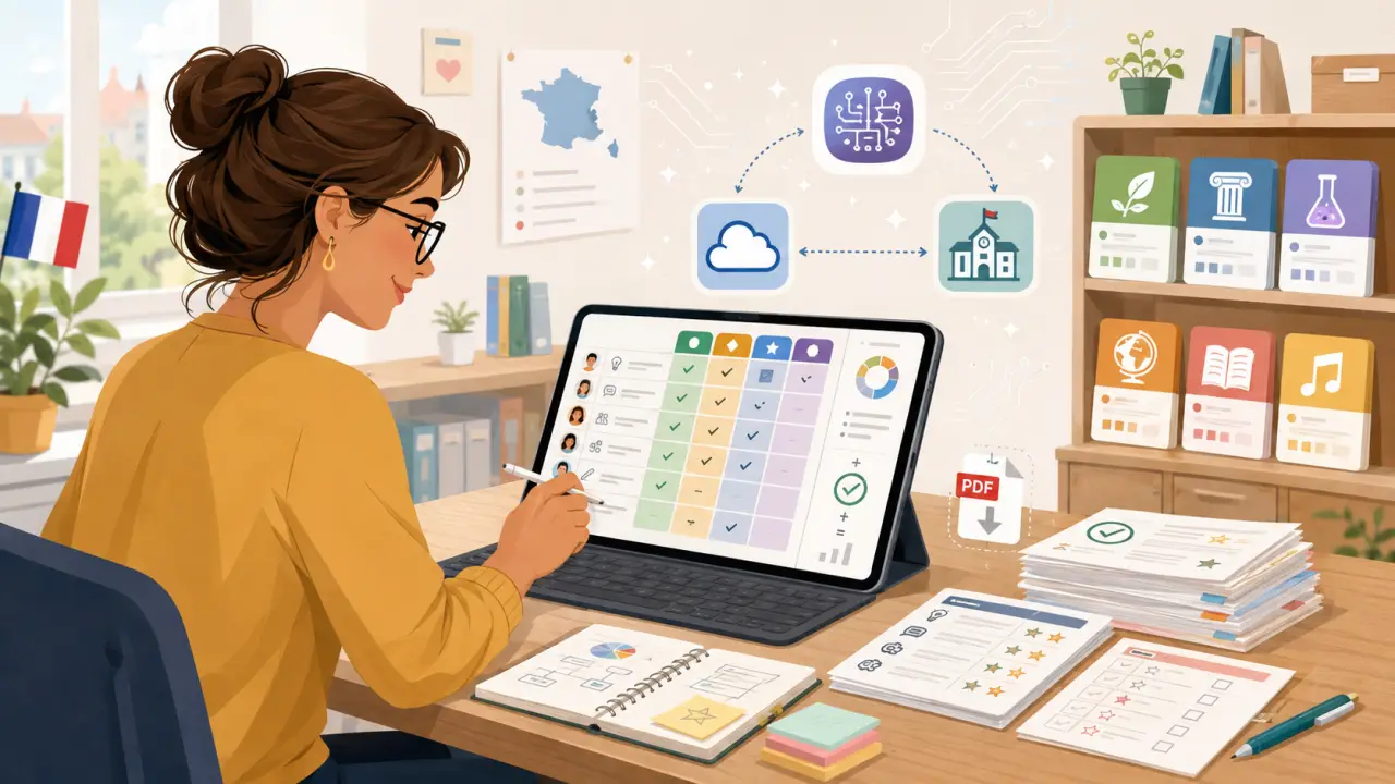 Enseignant utilisant une tablette avec des grilles d'évaluation et des indicateurs de progression