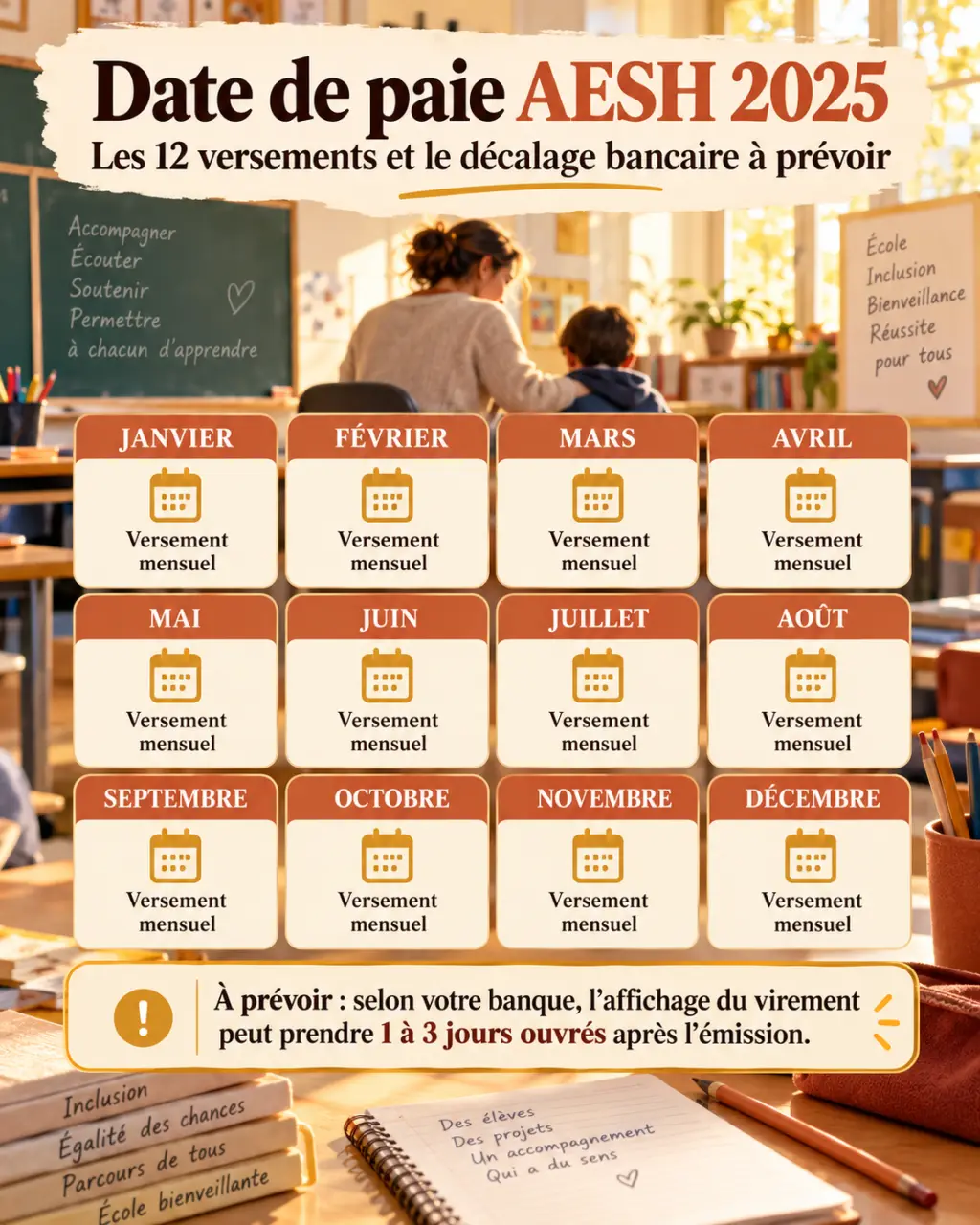 Date de paie AESH 2025 : les 12 versements et le décalage bancaire à prévoir