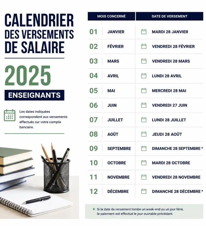Calendrier prévisionnel des dates de paiement prof 2025