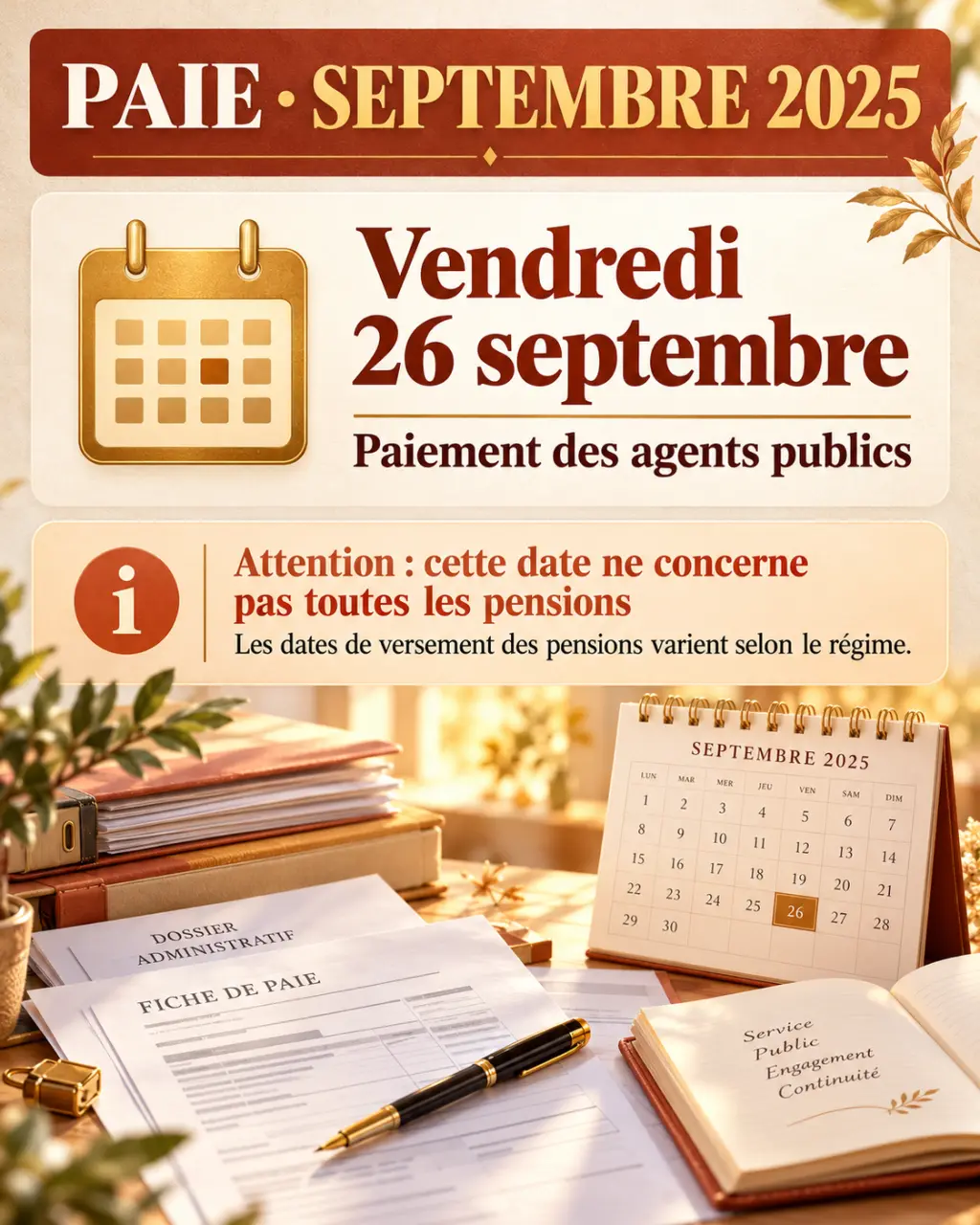 Paie septembre 2025 : le 26 pour les agents publics, pas pour toutes les pensions