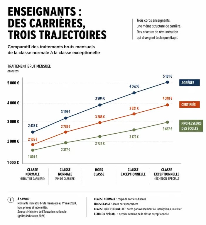 Grille des salaires des profs : comparaison des courbes de progression certifiés, agrégés et professeurs des écoles