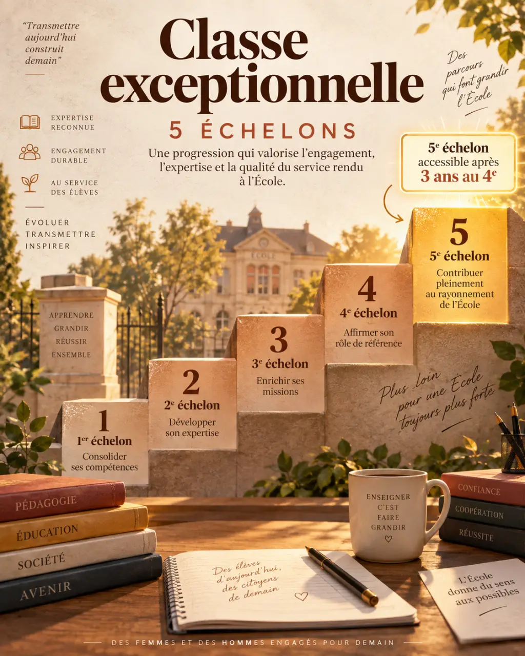 Classe exceptionnelle : 5 échelons, dont un 5e accessible après 3 ans au 4e
