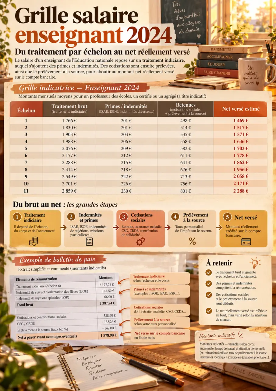 Grille salaire enseignant 2024 : du traitement par échelon au net réellement versé