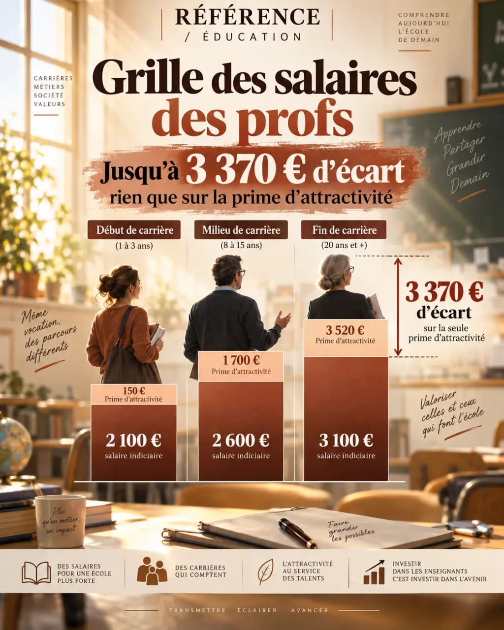 Grille des salaires des profs : jusqu'à 3 370 € d'écart rien que sur la prime d'attractivité