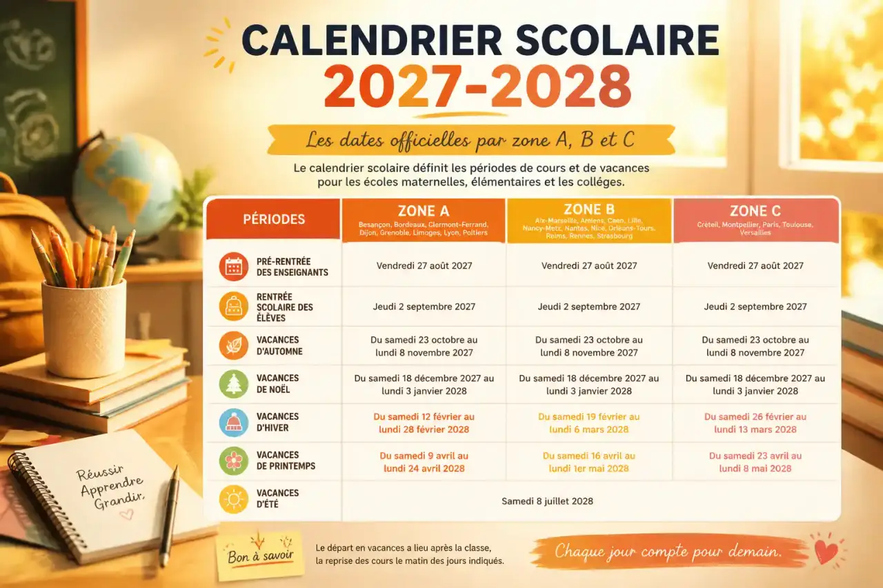 Calendrier scolaire 2027-2028 : les dates officielles par zone A, B et C