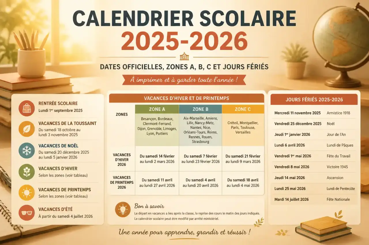 Calendrier scolaire 2025-2026 : dates officielles, zones A, B, C et jours fériés à imprimer