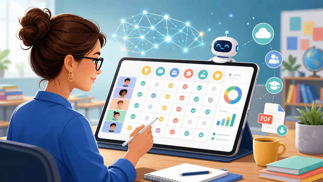 Illustration d'un enseignant utilisant une tablette avec une grille d'évaluation et des indicateurs de progression