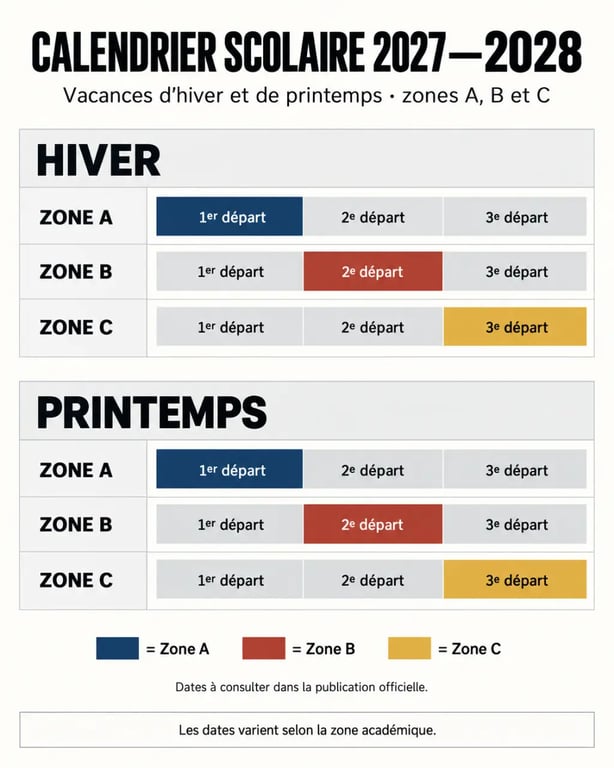 Calendrier scolaire 2027-2028 comparant les vacances des zones A, B et C