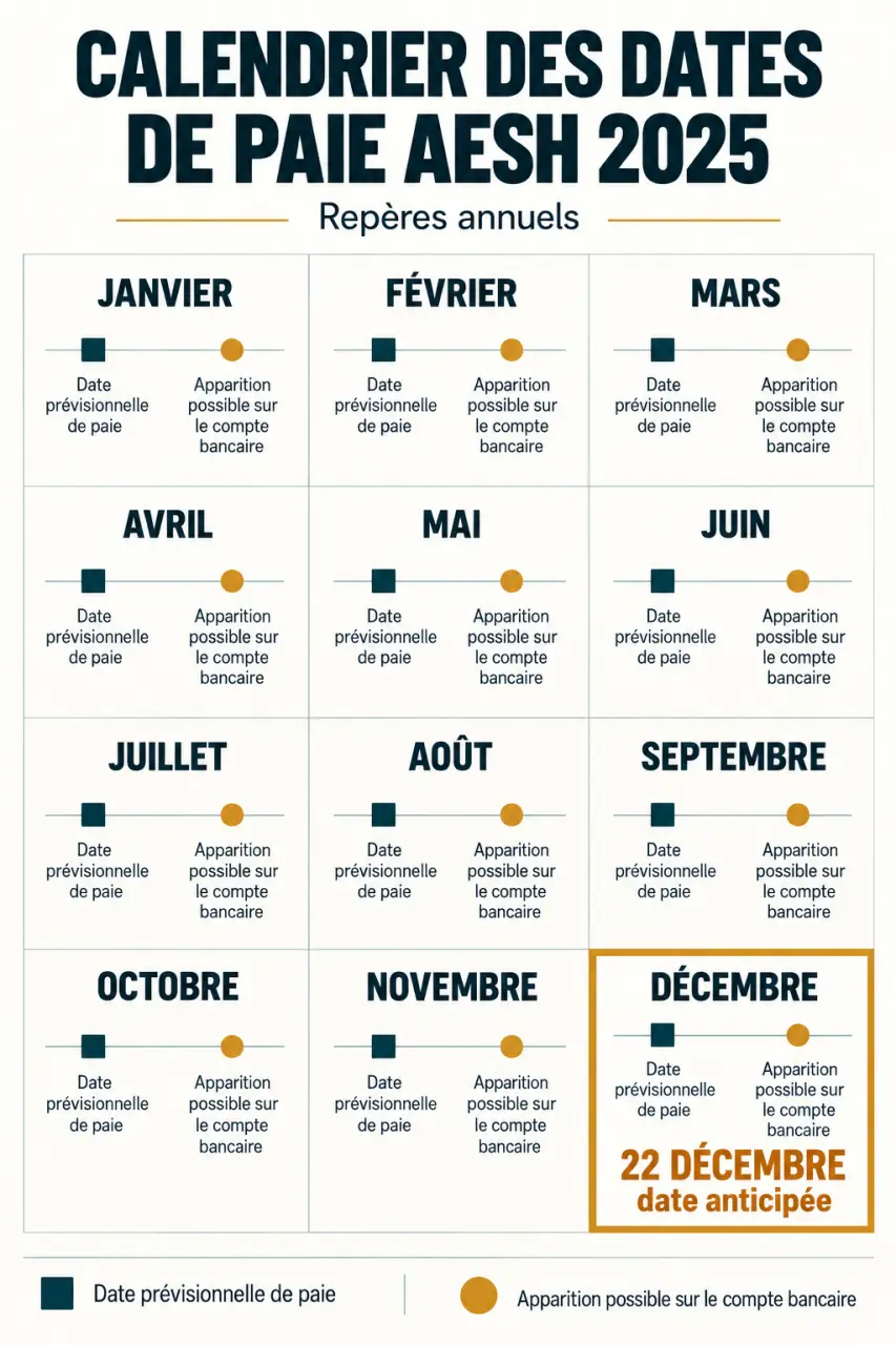 Calendrier des dates de paie AESH 2025 avec échéance de décembre anticipée