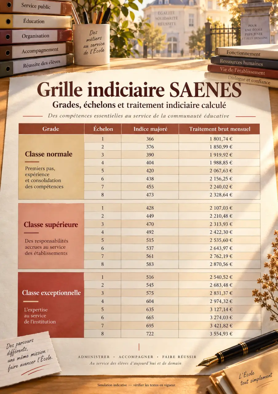 Grille indiciaire SAENES : grades, échelons et traitement indiciaire calculé