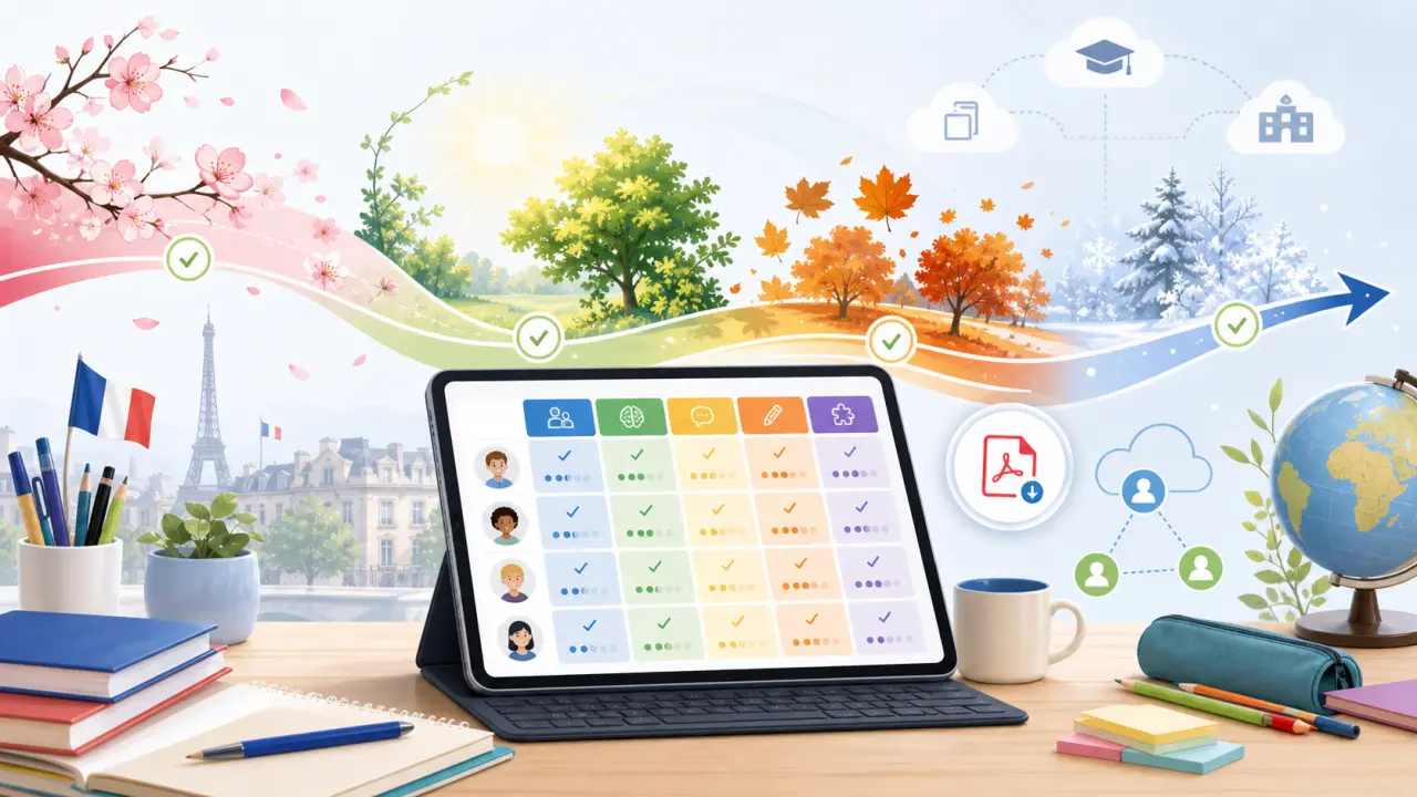 Illustration d’un enseignant utilisant une tablette avec des grilles d’évaluation et des validations vertes