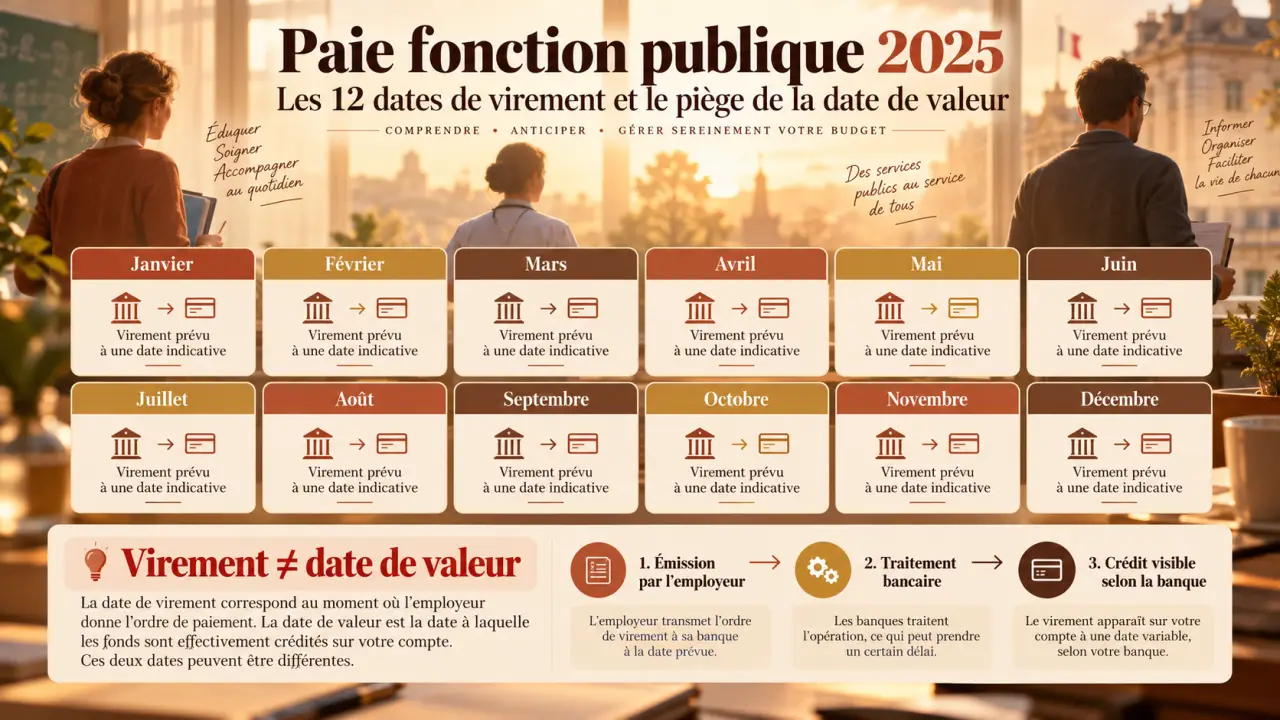 Paie fonction publique 2025 : les 12 dates de virement et le piège de la date de valeur