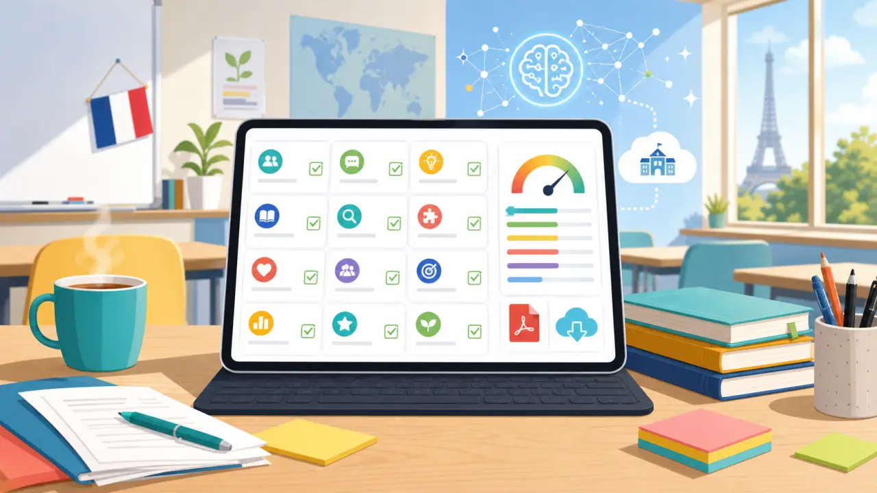 Illustration d’un enseignant utilisant une tablette avec des grilles d’évaluation flottantes