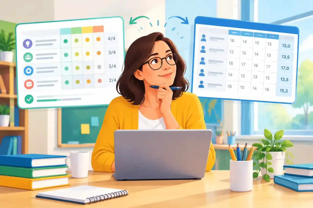 Enseignant comparant une grille d’évaluation et un barème de correction