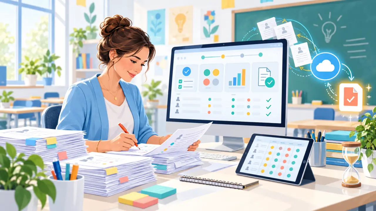 Enseignant utilisant une grille d'évaluation pour corriger des copies