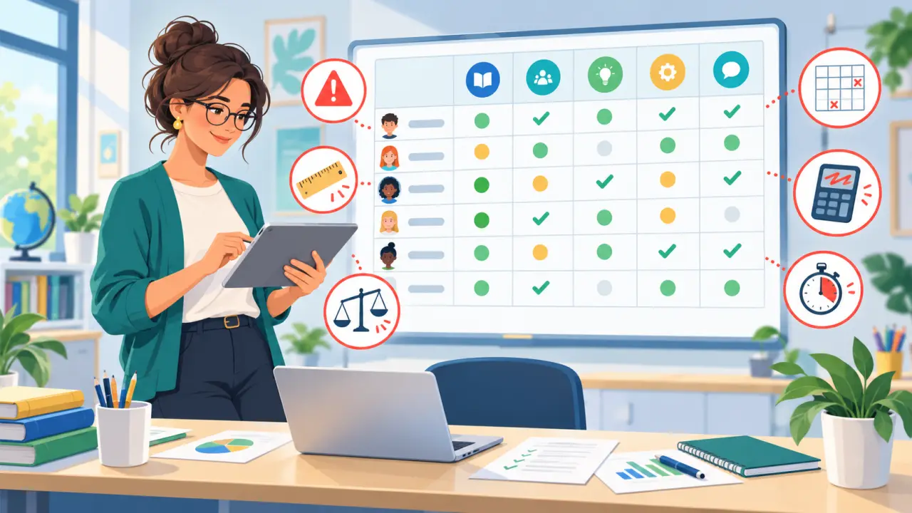Enseignant utilisant une grille d'évaluation par compétences pour corriger des travaux