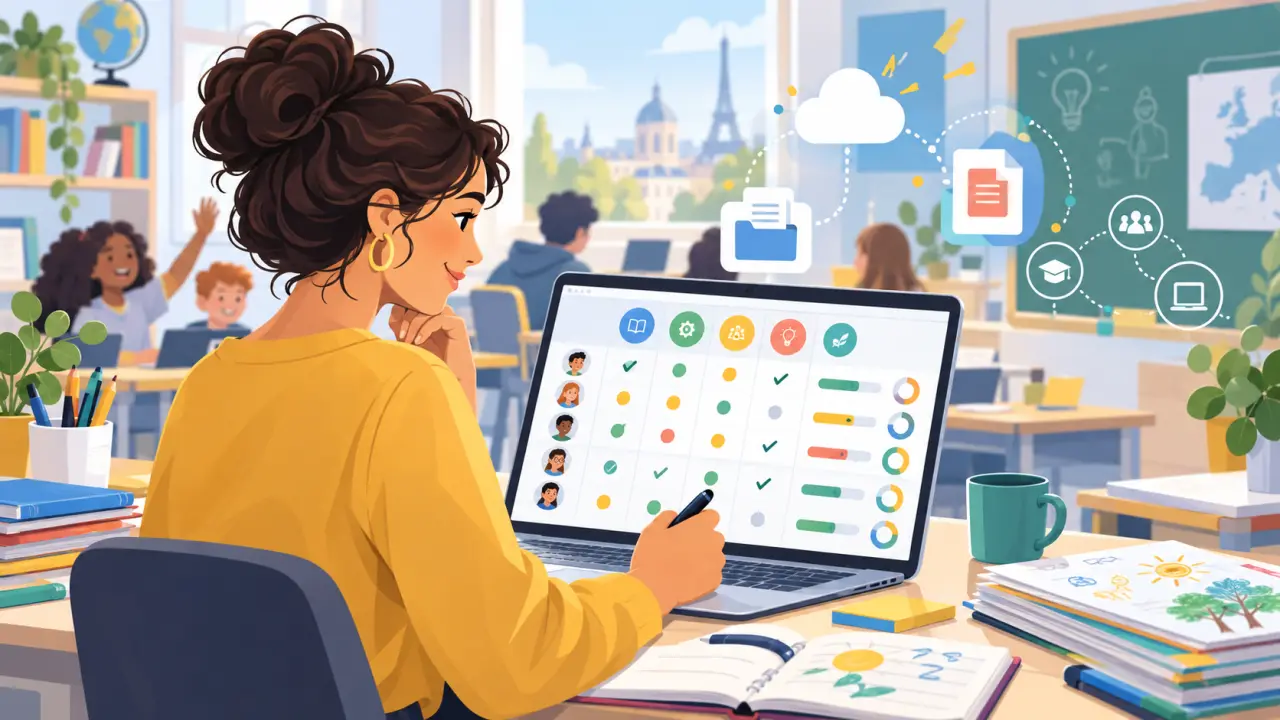 Enseignant utilisant une grille d’évaluation par compétences sur une tablette