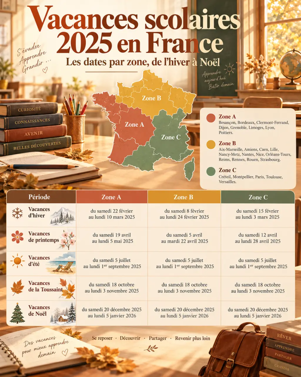 Vacances scolaires 2025 en France : les dates par zone, de l’hiver à Noël