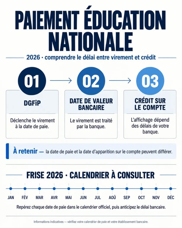 Infographie du paiement éducation nationale en 2026 distinguant date de valeur et crédit bancaire