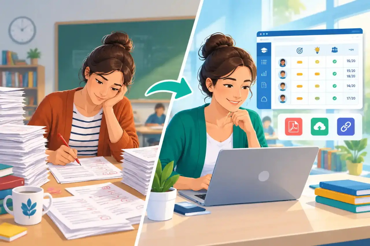 Enseignant utilisant une grille d'évaluation par compétences pour corriger des travaux