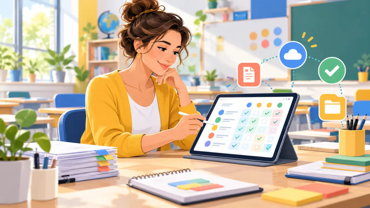 Enseignant utilisant une grille d'évaluation par compétences sur une tablette