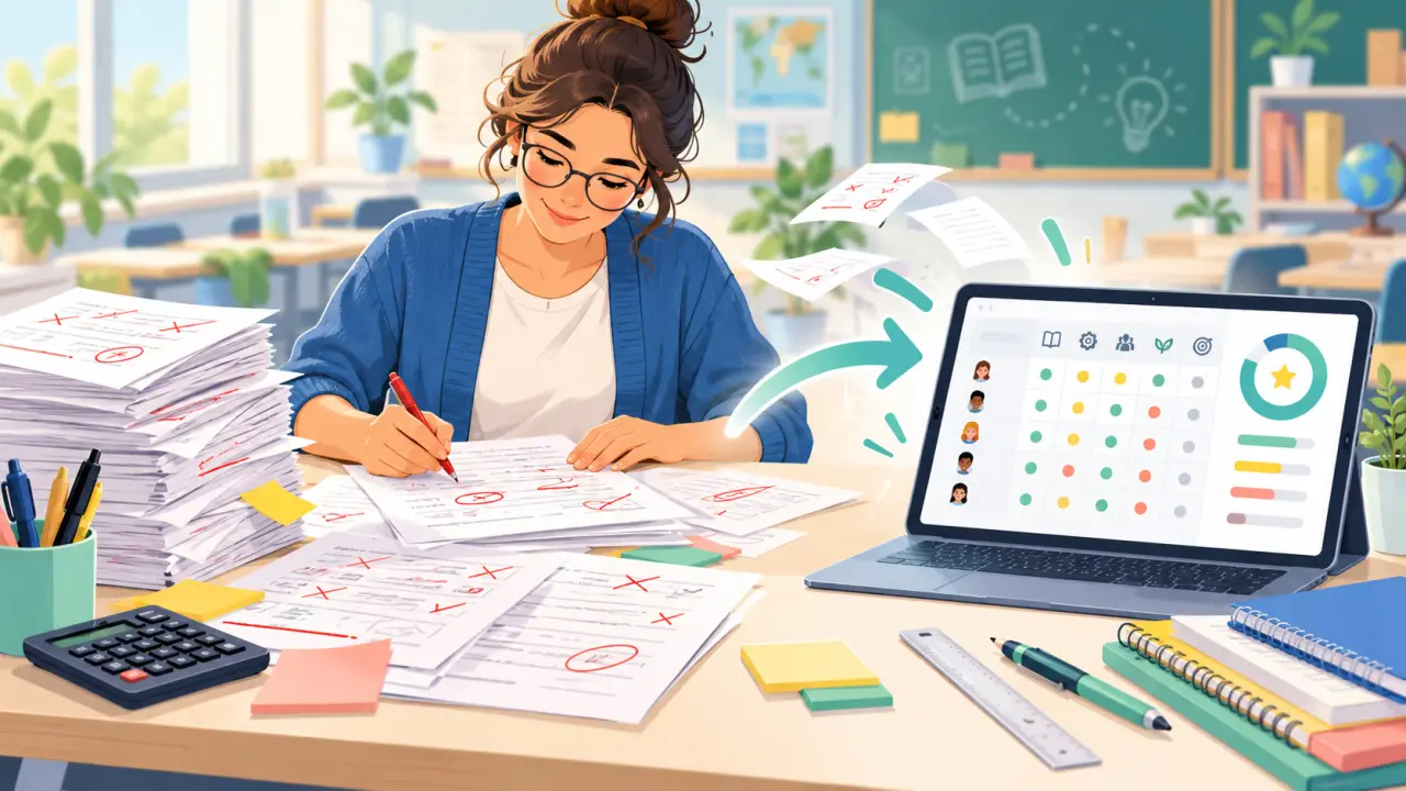 Enseignant utilisant une grille d'évaluation par compétences pour corriger des travaux scolaires